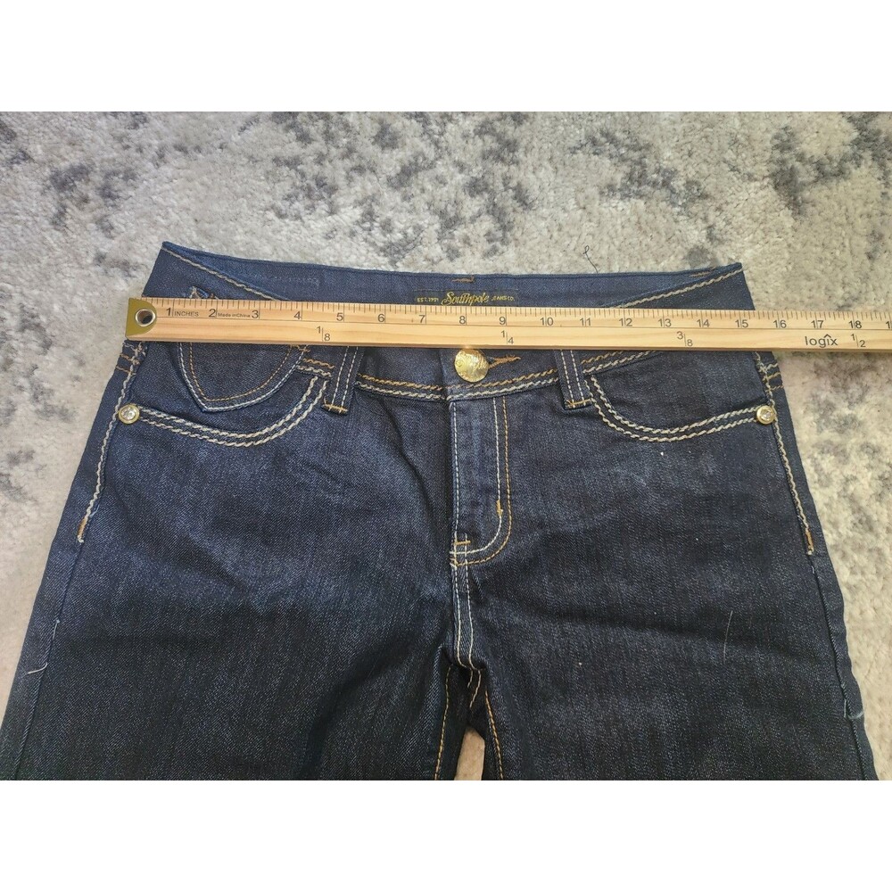 SOUTHPOLE Jean Shorts Womens Dark Blue Wash Hip Hop Y2K Embroidered Size 9 - Picture 4 of 9